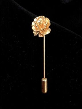 Vintage ML Gold Tone Rose Stick Pin Brooch with Crystal | Floral Lapel Hat Scarf